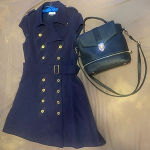 Calvin Klein Navy Wrap dress gold button accent
